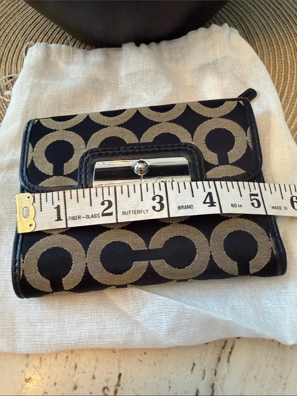 COACH Kristen Black and Khaki Op Art Jacquard Tri-Fold Wallet w/Dustbag